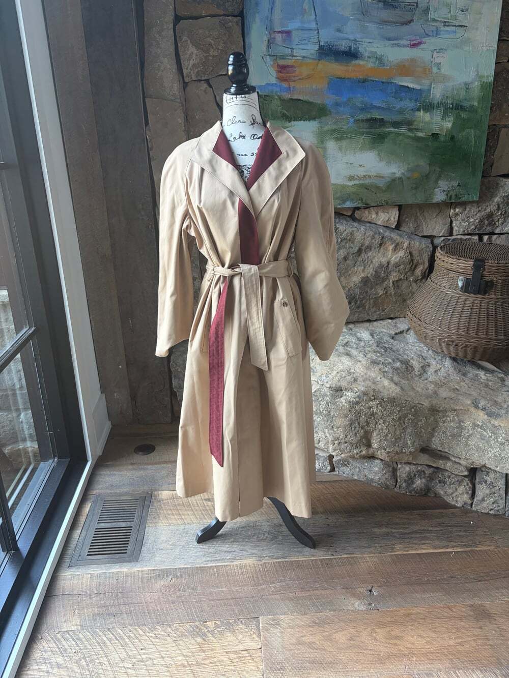 Vintage Etienne Aigner Reversible Trench Coat Women’s Large Tan Burgundy Belted - Picture 3 of 5